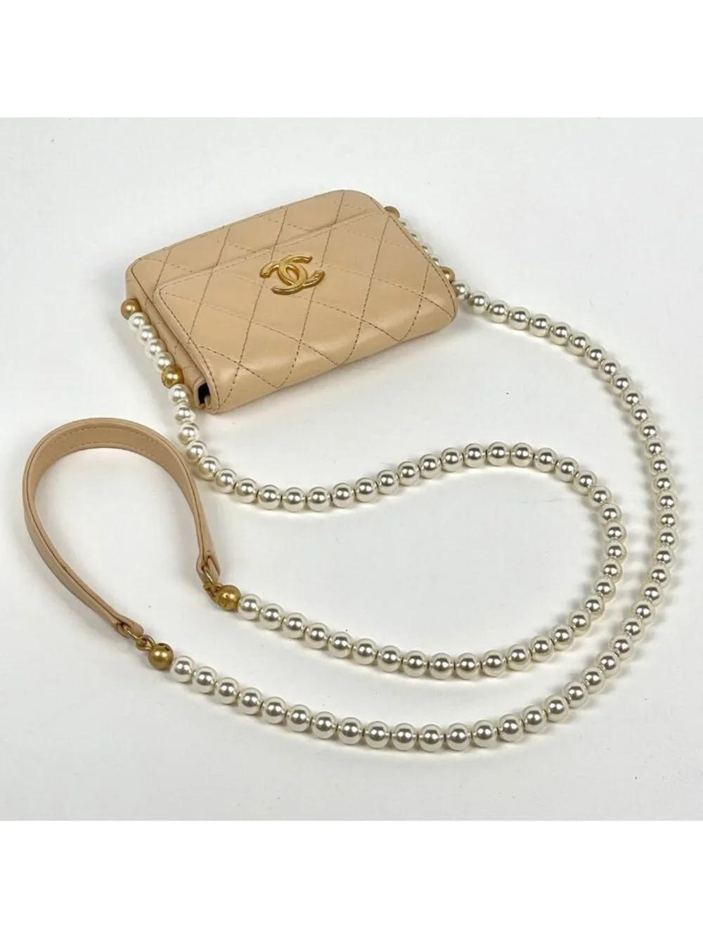 Chanel Shoulder Bag Quilted CC Logo Leather Beige